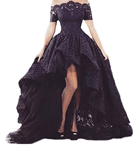 Diandiai Off Shoulder Hi Lo Gothic Prom Dresses for Women Short Sleeve Lace Evening Dresses Plus Size Black 20