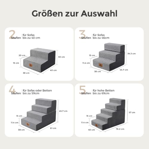 Sytopia Hundetreppe 5 Stufen, 57 cm hoch, bis 40 kg, Haustiertreppe für kleine/mittelgroße Hunde und Katzen, Katzentreppe für hohes Bett und Boxspringbett, 30D Schaumstoff, rutschfest, Grau
