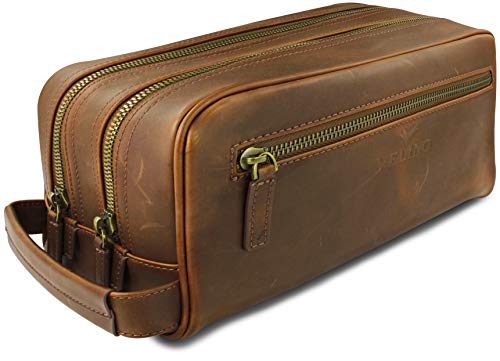 Velino Handmade Genuine Buffalo Leather Unisex Toiletry Bag Travel Dopp Kit Grooming and Shaving Kit ~ Gift for Men Women ~ Hanging Zippered Cosmetic Pouch ~ Bathroom Makeup Case