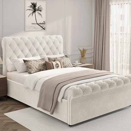Upholstered Gas Lift Up Bed Frame with Storage, Ottoman Storage Bed, Velvet Double Bed Frame, Ottoman Bed with Wooden Slats, (135 x 190, No Mattress)