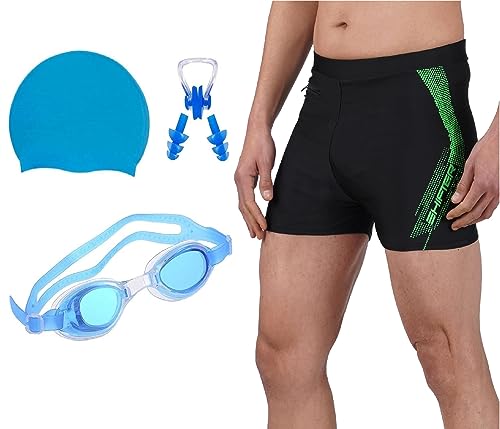 Image of Men's Swim Trunks Set with Swimming Goggles, Cap, Nose Clip & Earplugs - Quick Dry Printed Swim Shorts for Beach & Pool - Comfortable Elastic Waist Swimwear Combo
