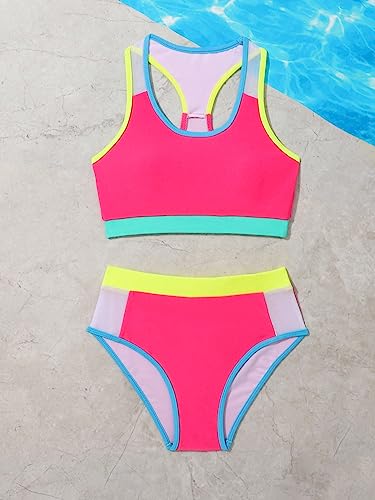 Image of SOLY HUX Girl's Color Block Bikini Set 2 Piece Swimsuit Bathing Suits HotPink Colorblock 9Y
