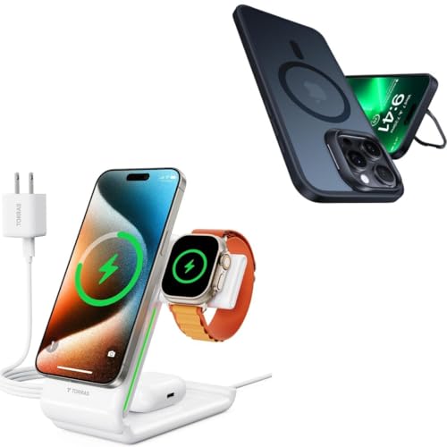 TORRAS 3 in 1 Charging Station Plus iPhone 15 Pro Magnetic Black Case