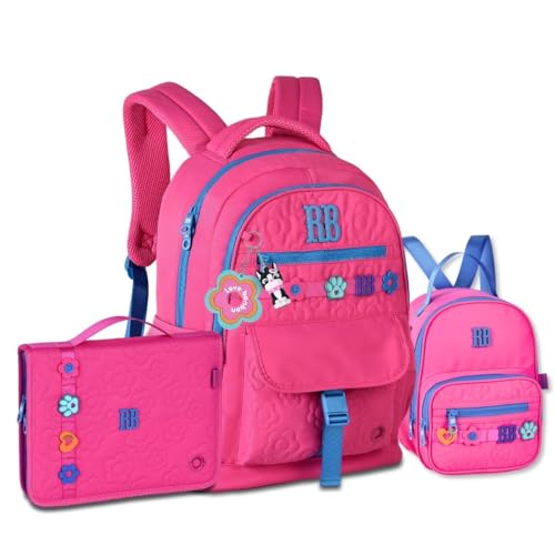 Mochila Feminina Com Lancheira e Estojo Fichário Kit Juvenil Rebecca Bonbon (Rosa)