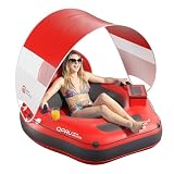 QPAU 46" Inflatable River Tube with Removable Sun Shade Canopy, Heavy-Duty Floating Tube for Adults, Ergonomic Legrest & Backrest, Waterproof Bag & Cup Holders, Ideal for Rivers, Lakes, Pools