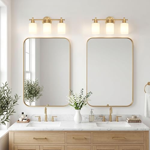Image of 3-Light Bathroom Vanity Light, Brushed Gold Vanity Lights for Bathroom, Modern Champagne Gold Wall Sconce with White Glass Shades, Anti-Rust Light Fixtures over Mirror (Bulbs Not Included, E26 Base)