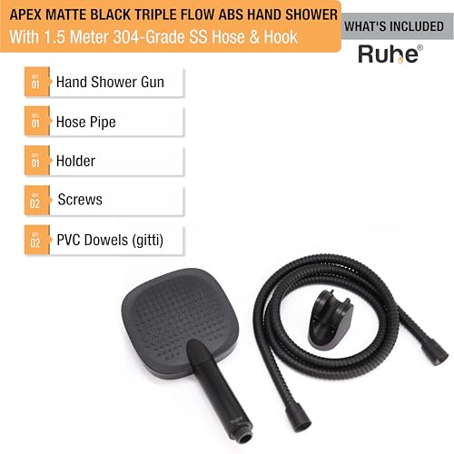 Image of Ruhe Apex Multi-Functional Triple-Flow Modes ABS Hand Shower with 1.5 Meter 304-Grade Stainless Steel Hose & Hook - Matte Black Finish