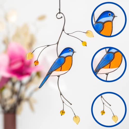 Gift Birds Handmade Stained Glass Suncatcher Genuine Stained Glass Window Hangings Unique Indoor Ornament & Outdoor Decor (Bluebird) #TOP1
