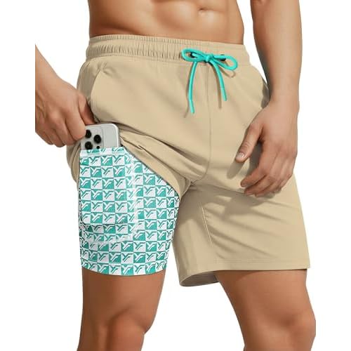 7 Inch Men Swim Trunks with Compression Liner Quick Dry Drawstring Male Swimtrunks for Beach Summer Water Park Large Beige Khaki