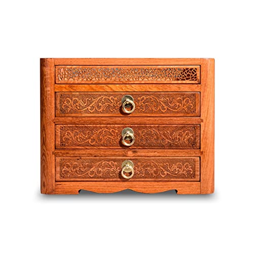 sjdoPulse Porte-Bijoux Sculpté À Trois Tiroirs, Boîte À Thé en Bois Massif D'Acajou, pour La Maison, Le Salon, Le Service À Thé, Boîte De Présentation De Bijoux