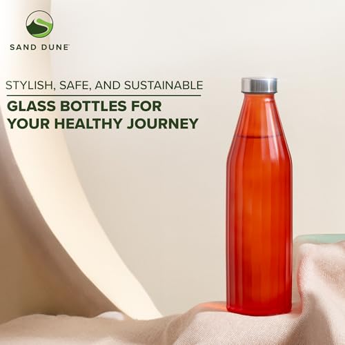 Image of SAND DUNE OrangeColour Glass water bottle, 800 ml Each, Set of 2, with Leak-Proof Airtight Stainless-Steel Lid for Water, Smoothie, Juices - Reusable Travel Glass Drinking Fridge Bottles