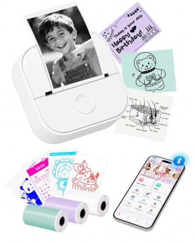 Memoking Mini Impresora Etiquetas Adhesivas, Impresora Pegatinas Termica | Mini Impresora Termica Con 3 rollos papel, Mini Etiquetadora Adhesivas para Fotos, Notas de Estudio, Regalo y imágenes