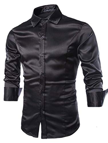 Elonglin Hommes Casual Slim Charme Solide Couleur Costume Chemise à Manches Longues Top Chemisier Dance Robe Chemise Repassage Facile Simili Soie Satin Noir Taille FR L (Asie XXL) Cover