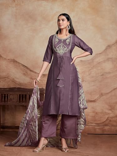 Image of EthnicJunction Women's Chinon Embroidered Straight Front Slit Kurta Palazzo & Organza Dupatta Set | Wedding | Heavy | Outfit | Suit