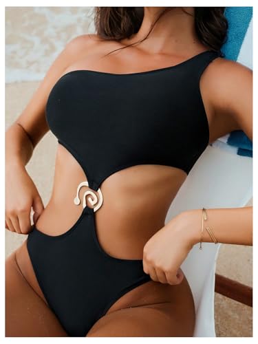 OYOANGLE Women's One Piece Swimsuit Ring Linked One Shoulder Cut Out Bathing Suits Monokinis3