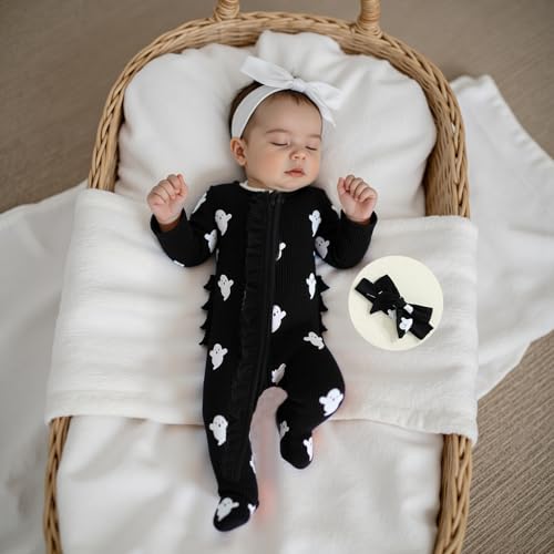 Newborn Baby Girl Halloween Outfit Ghost Print Ruffled Zipper Long Sleeve Romper Jumpsuit Infant Fall Clothes Headband2