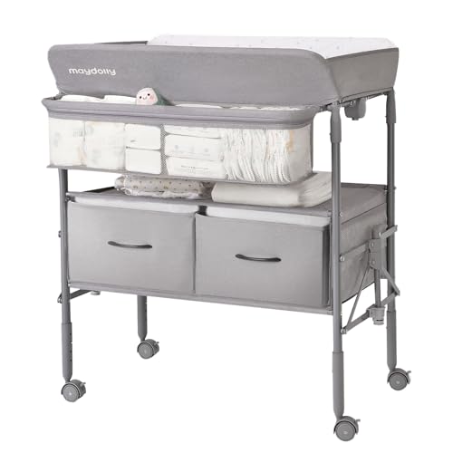 Image of Maydolly Baby Changing Table, Portable Folding Changing Table with Wheels, Waterproof and Adjustable Height, Premium Diaper Changing Station with Two Drawers, Mobile Nursery for Newborn (Grey)