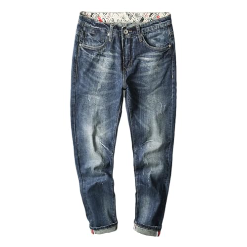 Men Spring Oversized Straight Retro Blue Printed Pockets Jeans