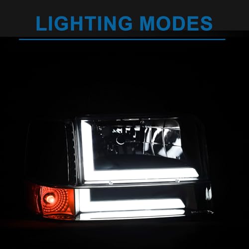 Image of LED DRL Headlights Compatible with 1992-1996 Ford F150 F250 F350 & Ford Bronco Replacement Headlamp Amber Reflector Black Housing