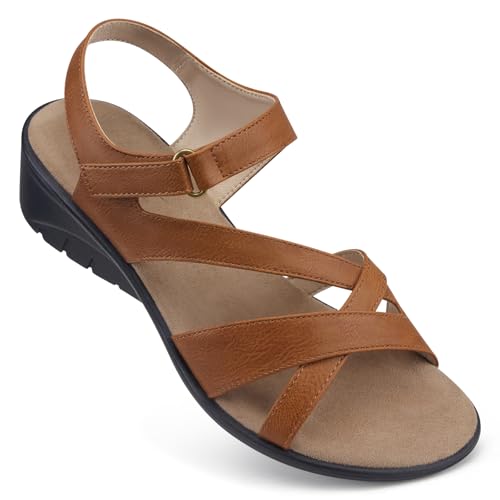 Image of SHIBEVER Wedge Sandals for Women Dressy: Comfortable Low Heel Sandals Brown | Adjustable Casual Dress Shoes with Cushioned Insole and Non-Slip Sole, All-Day Walking Size 7