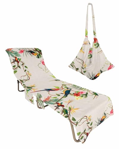 Summer Botanical Beach Lounge Chair Towel Cover, Soft Chaise Lounge Towel with Side Pockets Patio Pool Chairs Cover for Beach/Pool Sunbathing 29x85 Spring Floral Birds Farmhouse