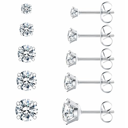 5 Pairs Diamond Stud Set, Stainless Steel Sliver Eearings Set for Women, 3-8mm Hypoallergenic Cubic Zirconia 316L Earrings