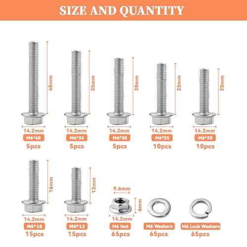 Image of 260Pcs 304 Stainless Steel M6 Flange Hex Head Bolts Assortment Kit,M6-1.0 x 12 /16 /20 /25 /30 /35 /40mm with Serrated Flange Nuts,Washers & Lock Spring Washers,Hex Head Screw, Full Thread DIN6921