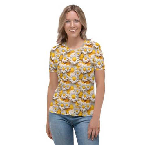 T-shirt femmes fleurs blanches haut coton imprimé jaune tee top ladies