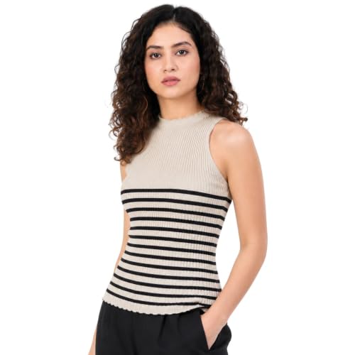 Image of Kalt Womens Knitted, Ribbed Cotton Fitted Sleeveless Round Neck Cami Tank Top
