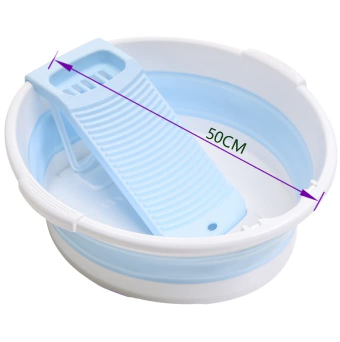 GRTG Lavabo plegable + tabla de lavandería, redondo, adecuado para lavar la ropa con la mano (color: azul, tamaño: 1 unidades)