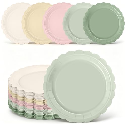 WNINK Dusty Pink Sage Green Disposable Paper Dessert Plates 50 Pack, 7" Plates for Baby Shower, Bridal Shower, Wedding, Birthday Party Supplies Tableware