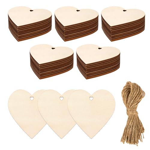 WYKOO 50 Pcs 3 Inch Natural Heart Wood Slices DIY Wooden Ornaments Unfinished Wooden Heart Embellishments with Natural Twine for Valentine's Day, Wedding, Thanksgiving, Home Decoration