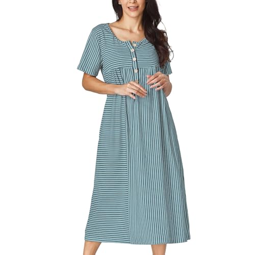 Image of Women's Casual V Neck Midi Tshirt Dress Boho 2025 Summer Short Sleeve Beach Dresses with Pockets
