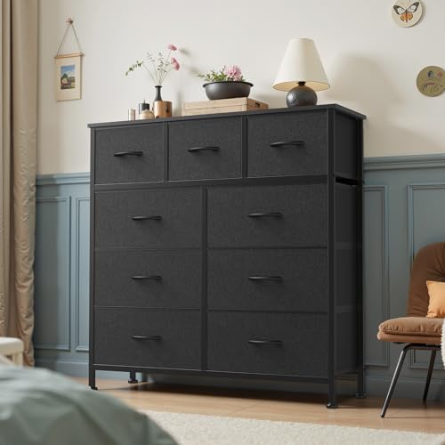 Image of OLIXIS 9 Drawer Storage Dresser with Wood Top - Wide Fabric Chest Organizer for Bedroom, Closet, Living Room,Tower Cabinet, TV Stand, Hallway Entryway Furniture,Carbon Black