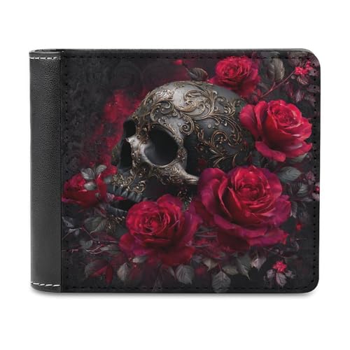 Jubonexis Portefeuille à deux volets en cuir PU souple avec motif tête de mort et rose rouge foncé gothique pour cartes de crédit, porte-monnaie pour homme...