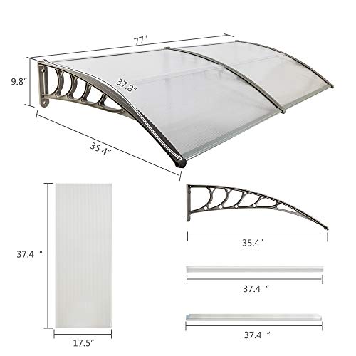 Outvita Window Awning Door Canopy 77\"x35.4\", Polycarbonate Cover Front Door Outdoor Patio Awning Canopy UV Rain Snow Sunlight Protection Hollow Sheet, Clear Board & Grey Bracket - Thumbnail 3