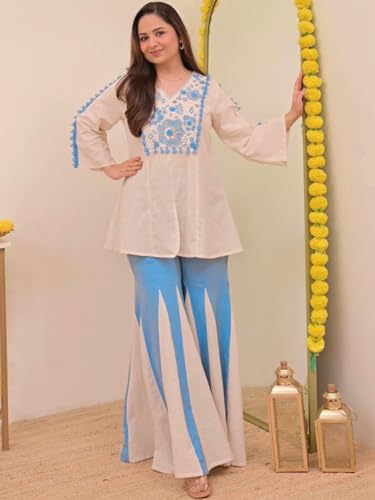 Image of Leriya Fashion Women's Kurta Set with Palazzo | Ethnic Kurtis Palazzo Set for Women | Crew Neck Embroidery Kurta Set with 3 /4 Sleeve | Cotton Ethnic Traditional Straight Kurti Set for Everyday Outfit