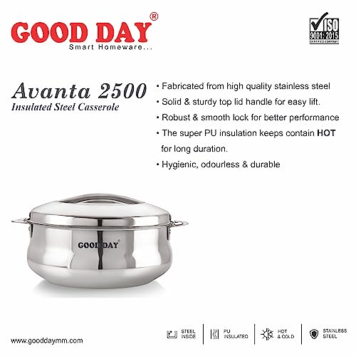 Image of Good Day Avanta Stainless Steel Casserole | Hot Box for Kitchen | Insulated Roti Box | Hot Pot Gift | Stainless Steel|2500| Silver|