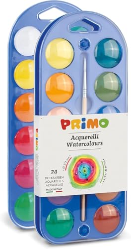 PRIMO - Aquarelles pour enfants artistes avec 24 couleurs Ø30 mm + 1 pinceau aquarelle pour peinture, kit palette pour peinture, couleurs pour enfants +5 ans...