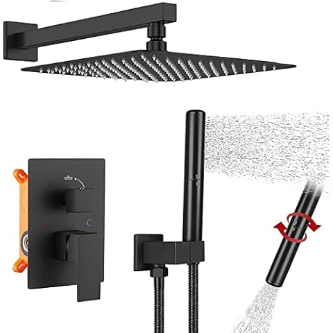 Matte Black Shower Faucet GGStudy Shower Trim Kit with Rough-in Valve Shower Set Bath Rainfall Shower Faucet System 10 inch Square Stainless Steel Metal Shower Heads with 2 In 1 Handheld Spray Cover