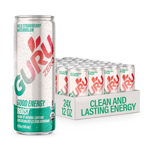 Image of GURU Zero Sugar Energy Drink, Strawberry Watermelon Organic Sparkling Energy Drink with 140 MG Natural Caffeine & Coconut Water for Workouts, Performance & Midday Boost, Gluten Free, Vegan, 12 Fl Oz, 24 Pack