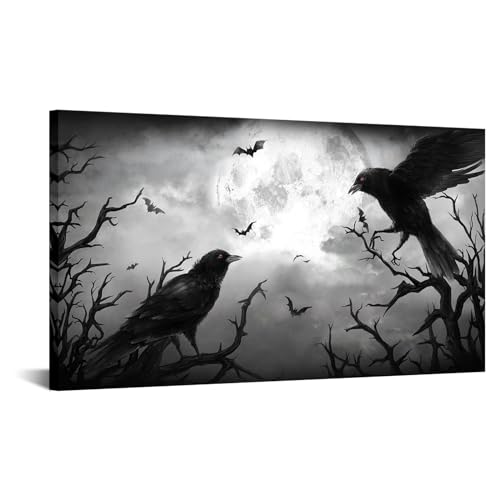 LevvArts Crow Canvas Wall Art Gothic Black Bird on Branch