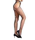 MengPa Fishnet Stockings Rhinestone High Waist Tights Pantyhose Sheer for Women (Black) J2452A-Q