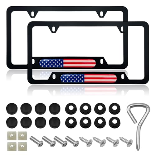 Image of 2 PCS Flag License Plate Frame, American Flag Patriotic Stainless Steel Auto Plate Cover, Vintage US Rust-Proof Vehicle License Plate Holder, Universal Car Accessories (Black&Colorful)