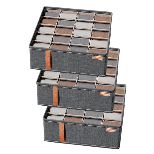 3-Pack Underwear Drawer Organizers for Closet, 60 Cells Foldable Wardrobe Storage Organizer for Socks Scarf Tie Belt, Dark Grey
