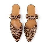Meknitva Pointed Toe Mules for Women,Adjustable Strap Backless Loafers in Synthetic Suede, Dressy Casual Slip-On Flats Leopard,9.5