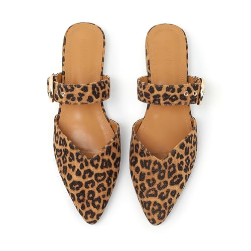 Meknitva Pointed Toe Mules for Women Adjustable Strap Backless Loafers in Synthetic Suede Dressy Casual Slip-On Flats Leopard 8