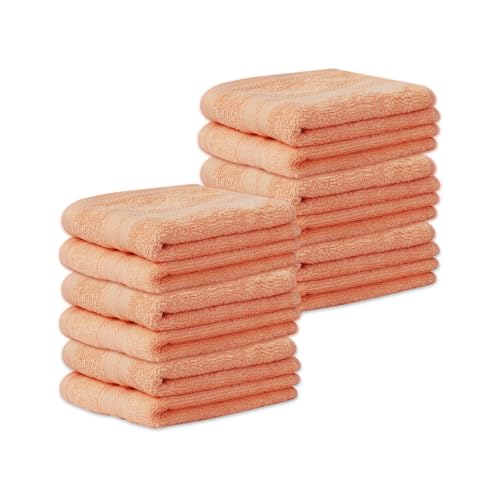 Image of Layers 100% Cotton Face Towels | 450 GSM Soft & Highly Absorbent | Aqua Plush Collection | Pack of 12 Super Soft Towels for Men & Women | 30 x 30 cm - Peach