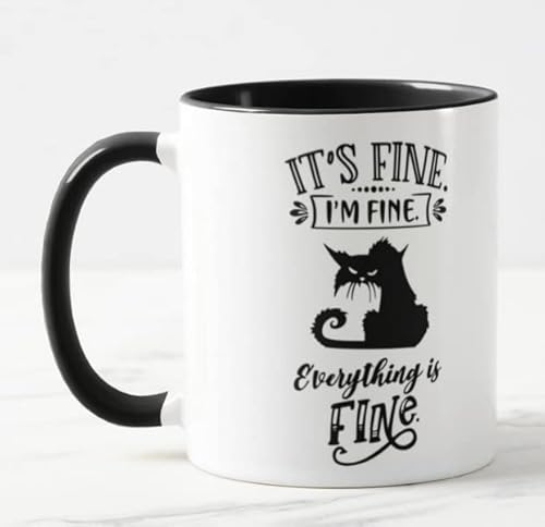 Vixar Its Fine I'm Fine Everything is fine Cat Joke Coloured Mug Cup Gift Birthday Work Office Christmas Tea Coffee 2 (Black)