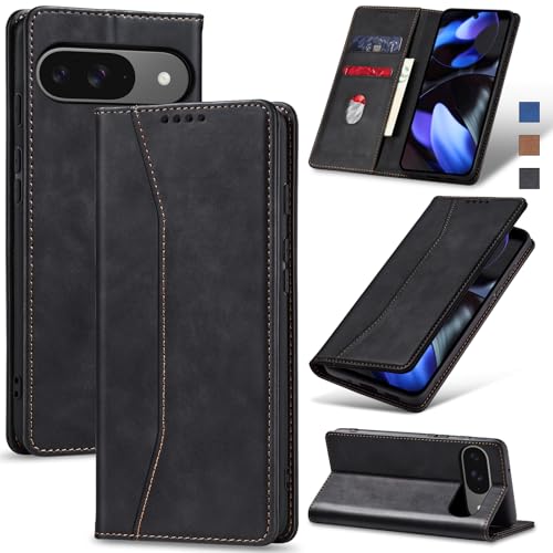 Jasonyu Flip Wallet Case for Google Pixel 9/9 Pro Leather Magnetic Folio Cover with Card Holder Kickstand - TPU Shockproof Durable Protective Phone Case Black